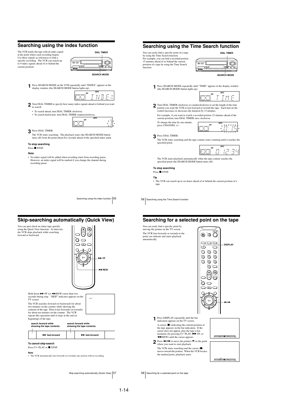 Searching using the index function, Searching using the time search function, Skip-searching automatically (quick view) | Searching for a selected point on the tape | Sony LX50 User Manual | Page 18 / 71