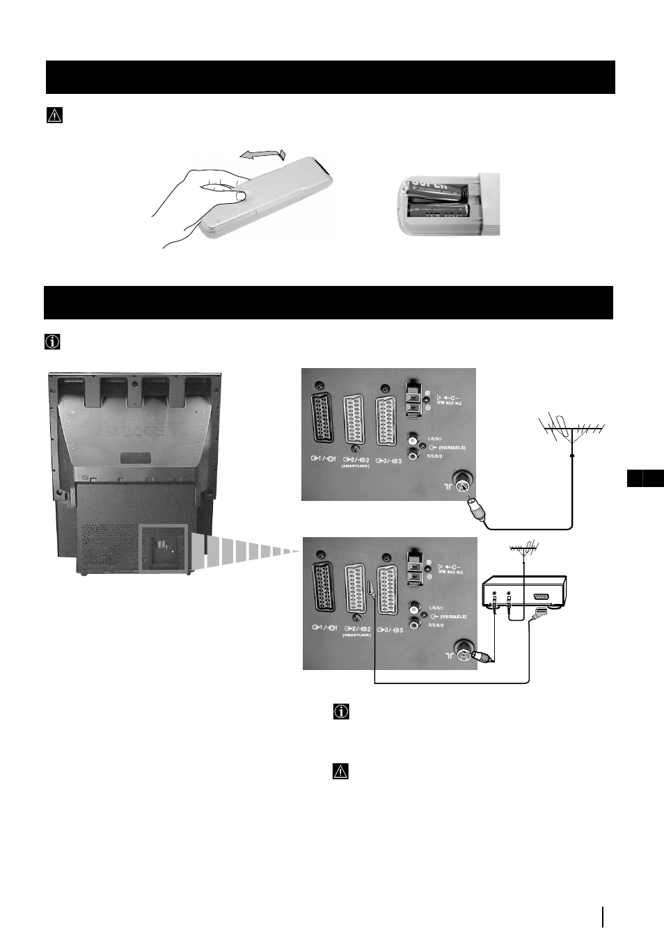 Inserimento delle pile nel telecomando, Collegamento dell’antenna e del videoregistratore | Sony KP-48PS2 User Manual | Page 108 / 233