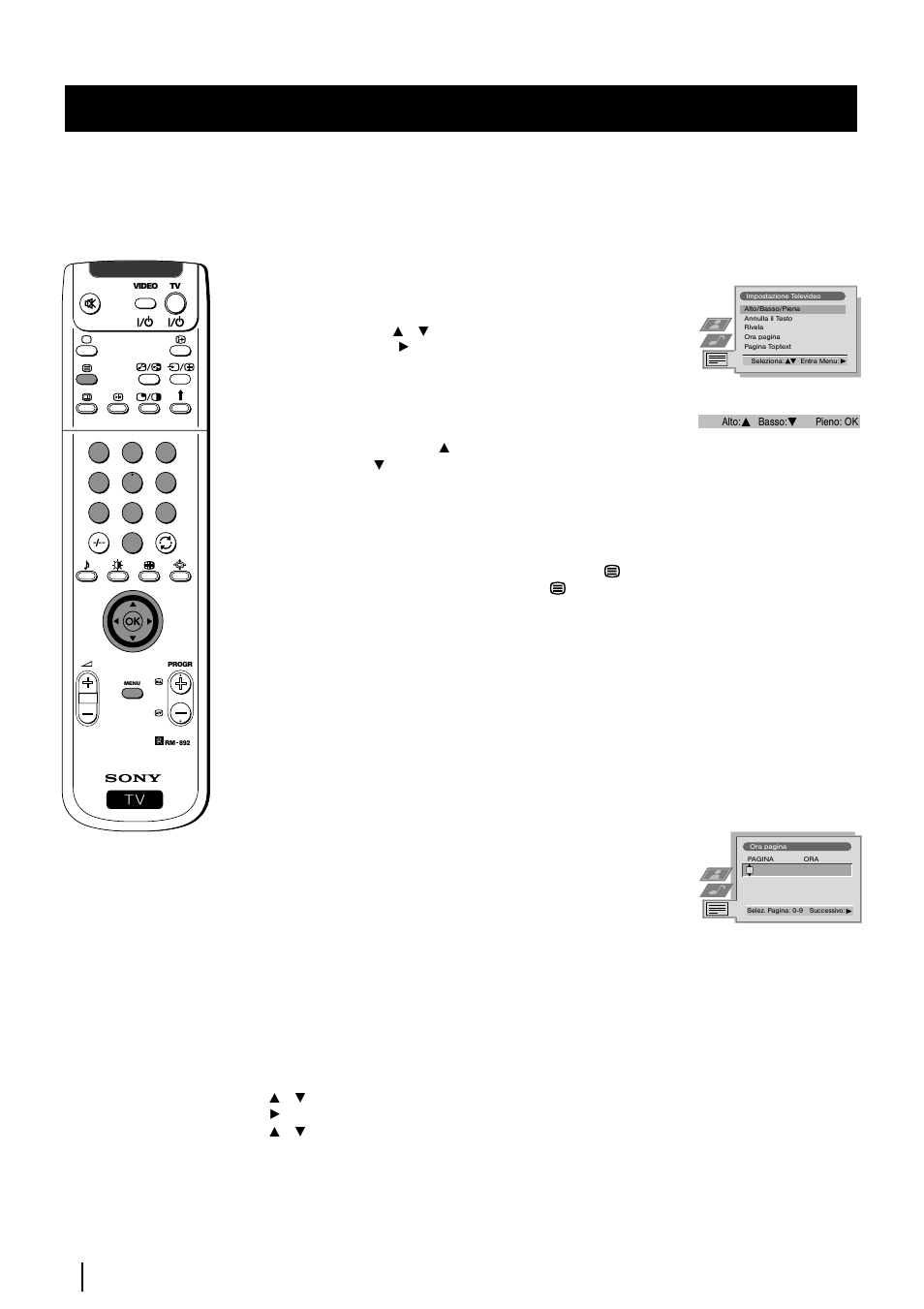 Utilizzo del menu televideo, Alto / basso / pieno, Funzione di eliminazione del testo | Funzione rivela, Funzione ora pagina, Funzione pagina toptext (veduta generale), Televideo | Sony KP-48PS2 User Manual | Page 127 / 233