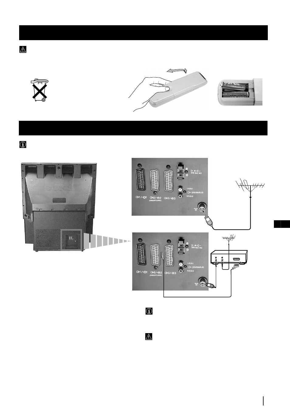 De batterijen in de afstandsbediening plaatsen, De antenne en de videorecorder aansluiten | Sony KP-48PS2 User Manual | Page 141 / 233