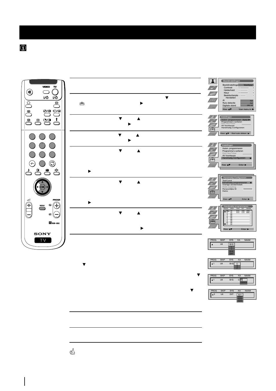 De tv handmatig afstemmen, Menusysteem | Sony KP-48PS2 User Manual | Page 150 / 233