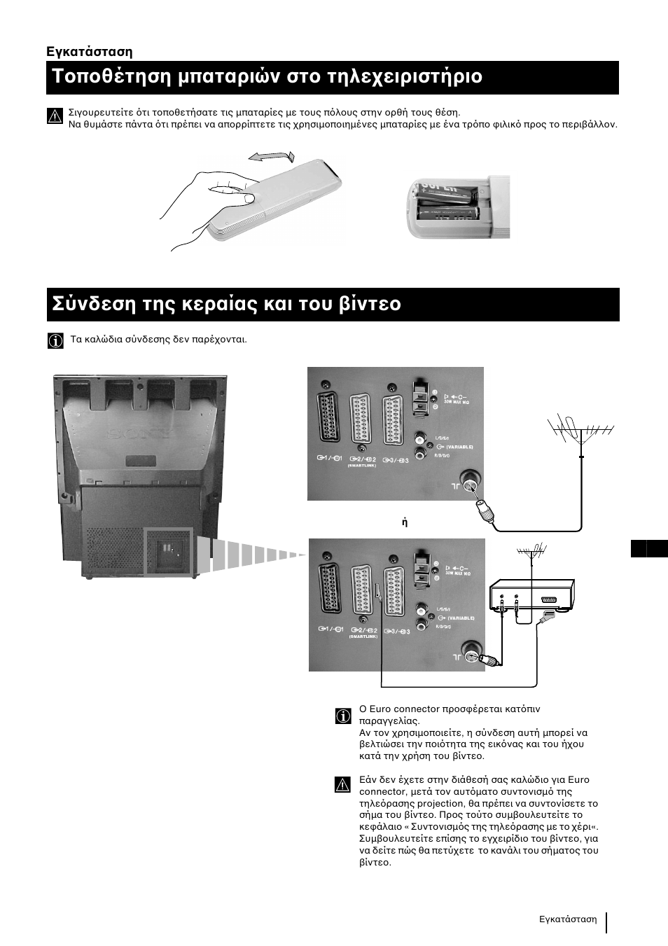 Τ π θέτηση µπαταριών στ τηλε ειριστήρι, Σύνδεση της κεραίας και τ υ ίντε, 7gr εγκατάσταση | Sony KP-48PS2 User Manual | Page 173 / 233