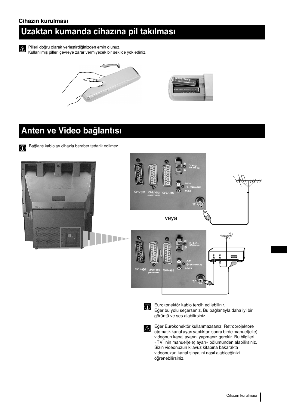 Uzaktan kumanda cihazwna pil takwlmasw, Anten ve video baqlantwsw | Sony KP-48PS2 User Manual | Page 205 / 233