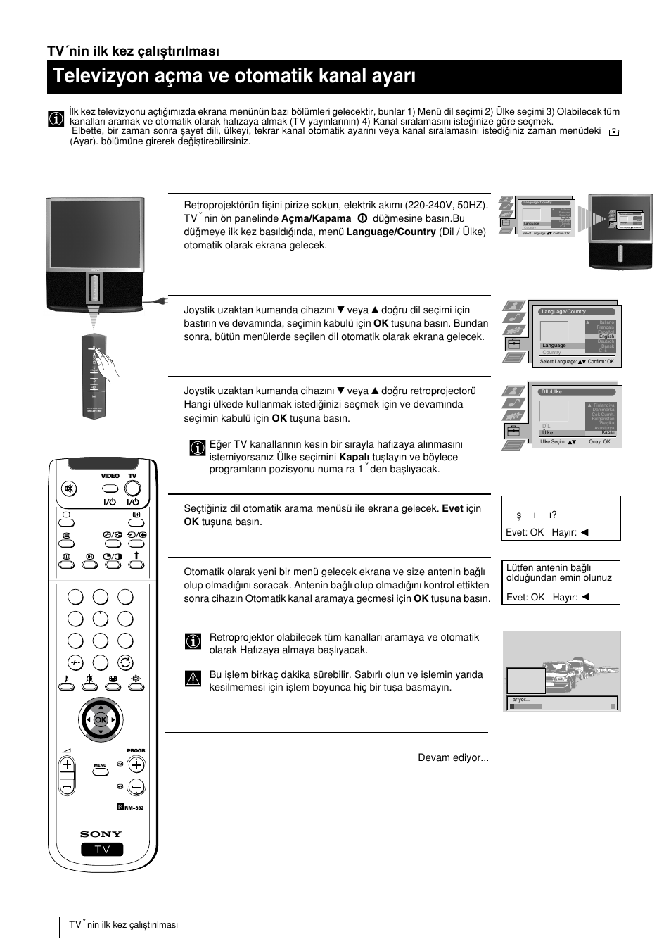 Televizyon açma ve otomatik kanal ayarw, 8tv´nin ilk kez çalwxtwrwlmasw | Sony KP-48PS2 User Manual | Page 206 / 233