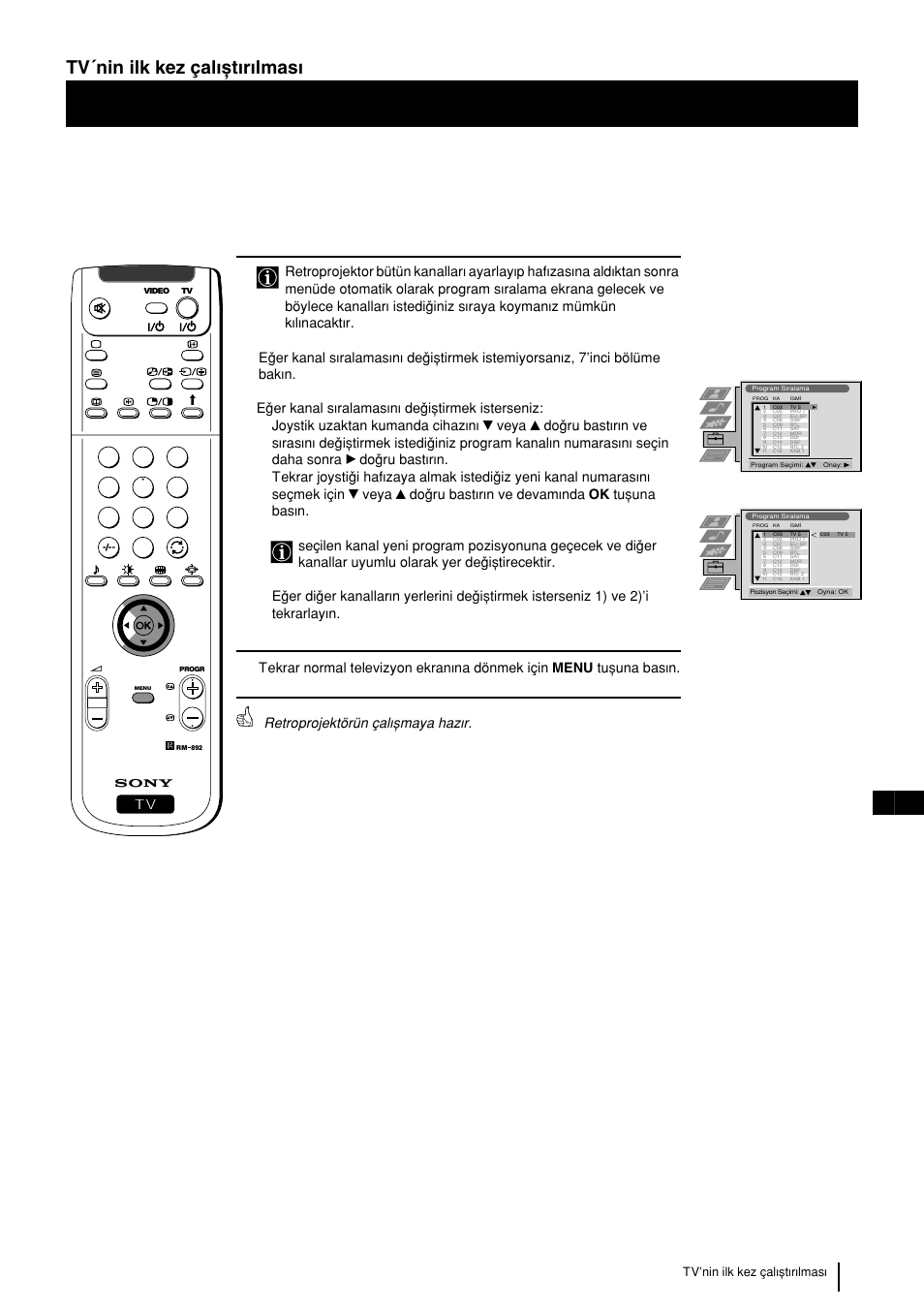 9tr tv´nin ilk kez çalwxtwrwlmasw, Retroprojektörün çalwxmaya hazwr | Sony KP-48PS2 User Manual | Page 207 / 233