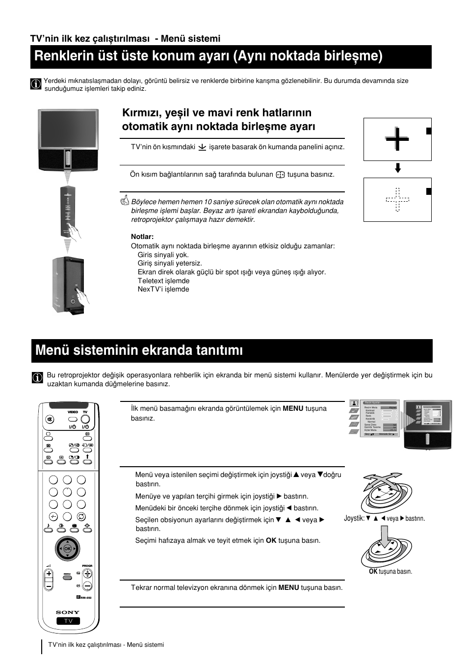 Menü sisteminin ekranda tanwtwmw, Tv’nin ilk kez çalwxtwrwlmasw - menü sistemi, Joystik | Joystick | Sony KP-48PS2 User Manual | Page 208 / 233