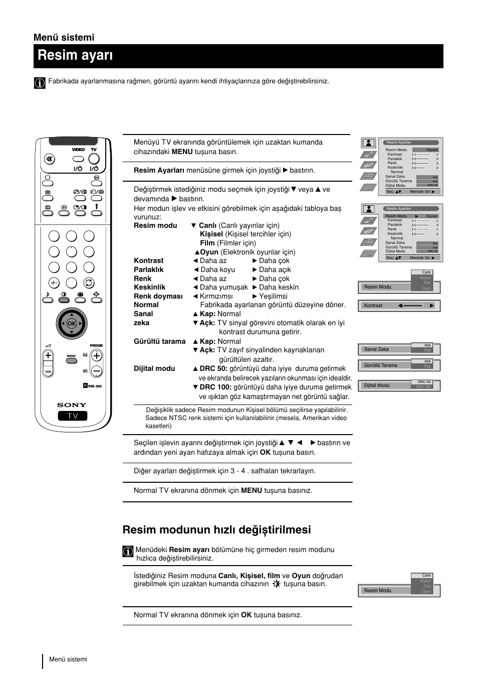 Resim ayarw, Resim modunun hwzlw deqixtirilmesi, Menü sistemi | Sony KP-48PS2 User Manual | Page 210 / 233