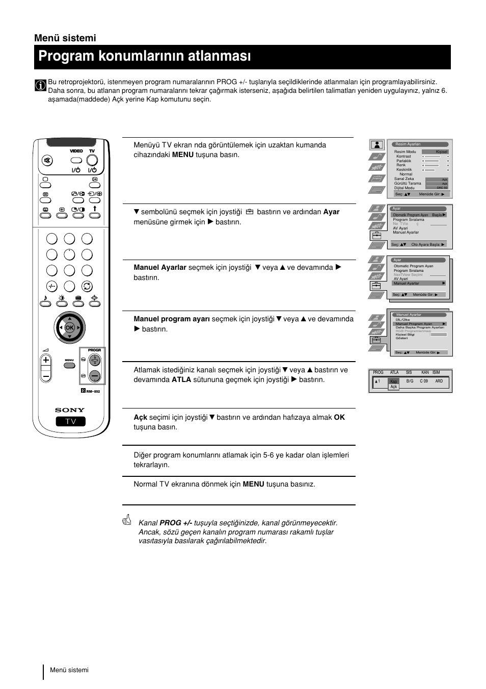 Program konumlarwnwn atlanmasw, Menü sistemi | Sony KP-48PS2 User Manual | Page 216 / 233