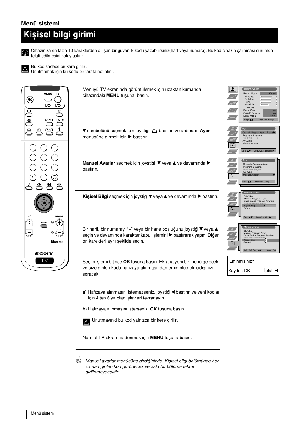 Kixisel bilgi girimi, Menü sistemi | Sony KP-48PS2 User Manual | Page 218 / 233