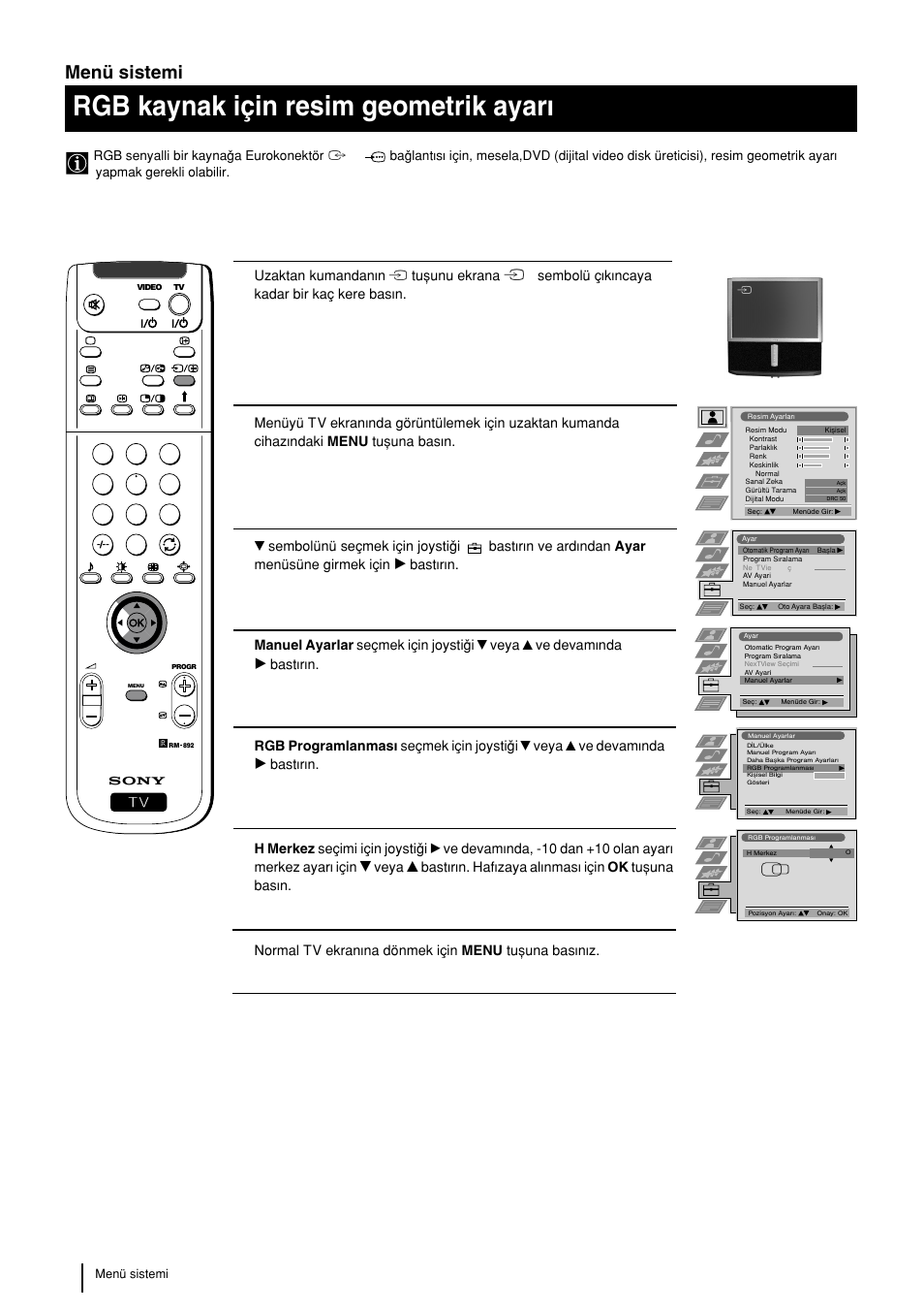 Rgb kaynak için resim geometrik ayarw, Menü sistemi | Sony KP-48PS2 User Manual | Page 220 / 233