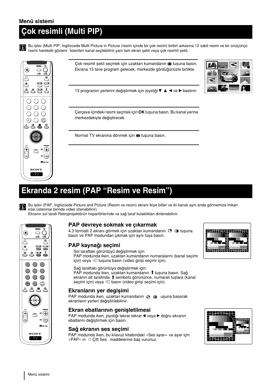 Çok resimli (multi pip), Ekranda 2 resim (pap “resim ve resim”), Menü sistemi | Pap devreye sokmak ve çwkarmak, Pap kaynaqw seçimi, Ekranlarwn yer degiximi, Ekran ebatlarwnwn genixletilmesi, Saq ekranwn ses seçimi | Sony KP-48PS2 User Manual | Page 222 / 233