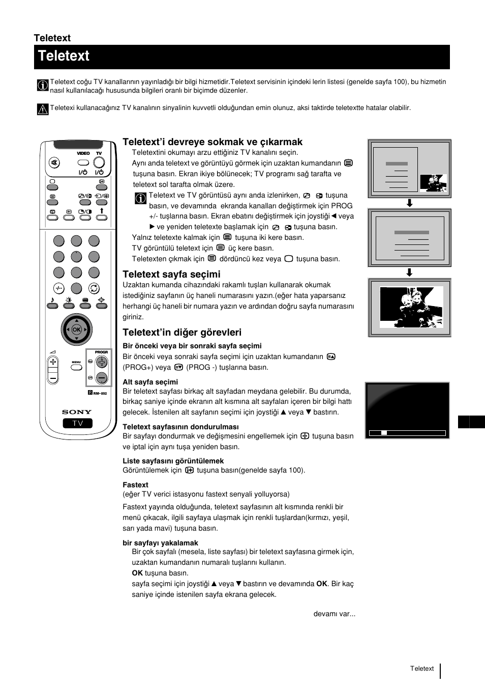 Teleteít, 25 tr teleteít, Teleteít’i devreye sokmak ve çwkarmak | Teleteít sayfa seçimi, Teleteít’in diqer görevleri, Teletext | Sony KP-48PS2 User Manual | Page 223 / 233