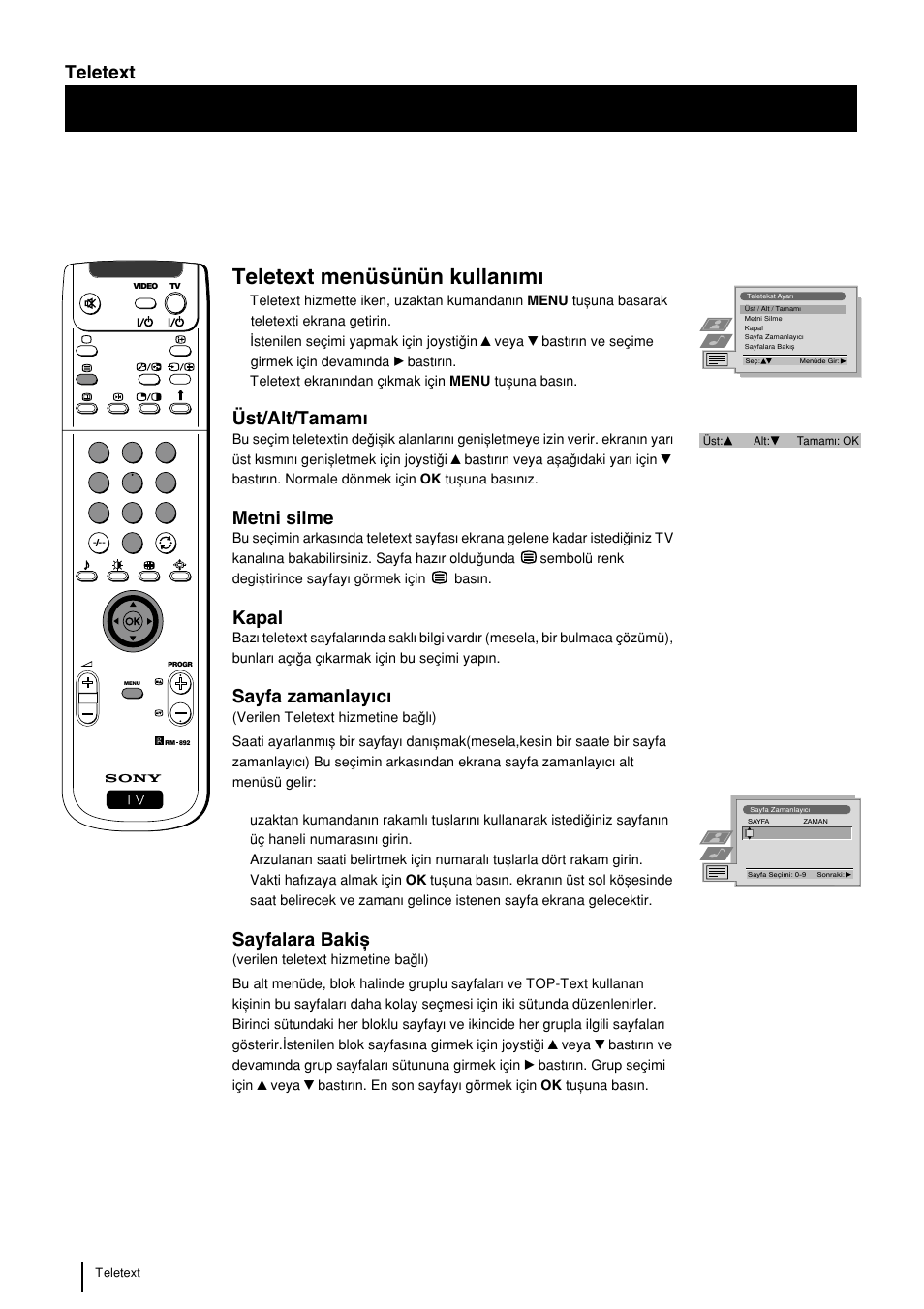 Teleteít menüsünün kullanwmw, Üst/alt/tamamw, Metni silme | Kapal, Sayfa zamanlaywcw, Sayfalara bakix, Teleteít | Sony KP-48PS2 User Manual | Page 224 / 233