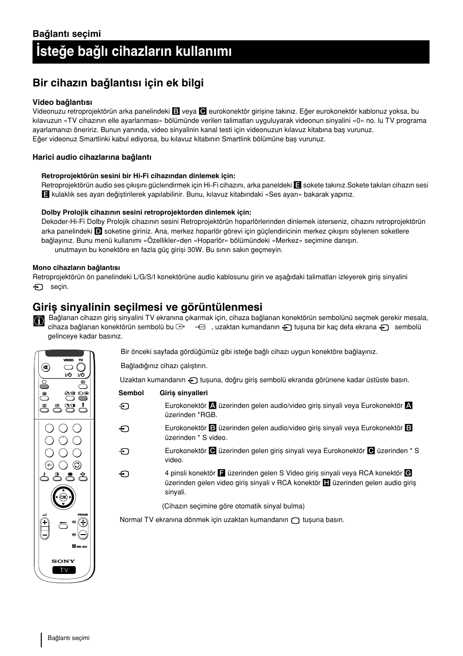 Wsteqe baqlw cihazlarwn kullanwmw, Bir cihazwn baqlantwsw için ek bilgi, Girix sinyalinin seçilmesi ve görüntülenmesi | Baqlantw seçimi | Sony KP-48PS2 User Manual | Page 228 / 233