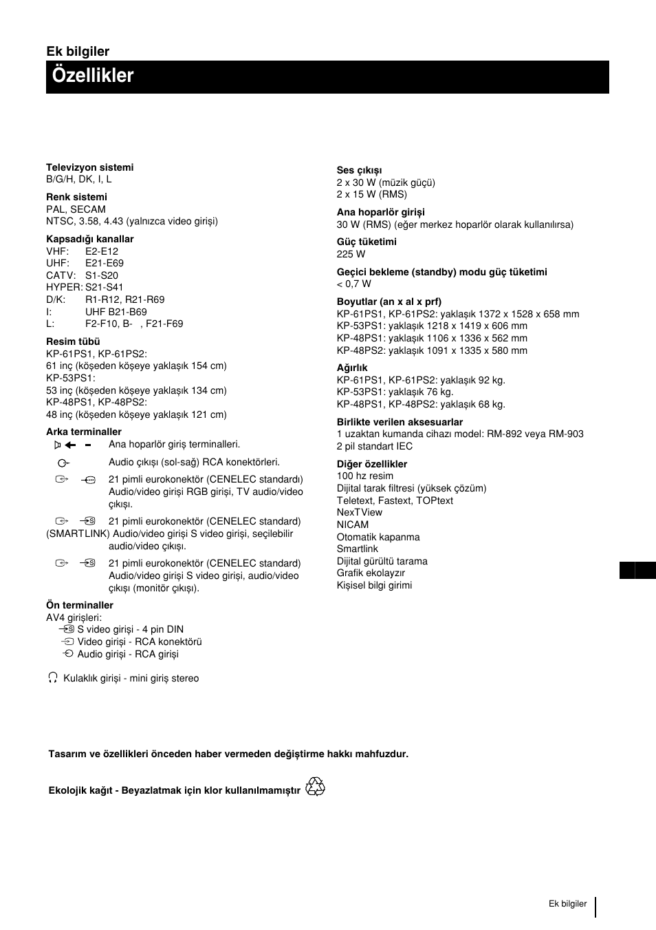 Özellikler, 33 tr ek bilgiler | Sony KP-48PS2 User Manual | Page 231 / 233