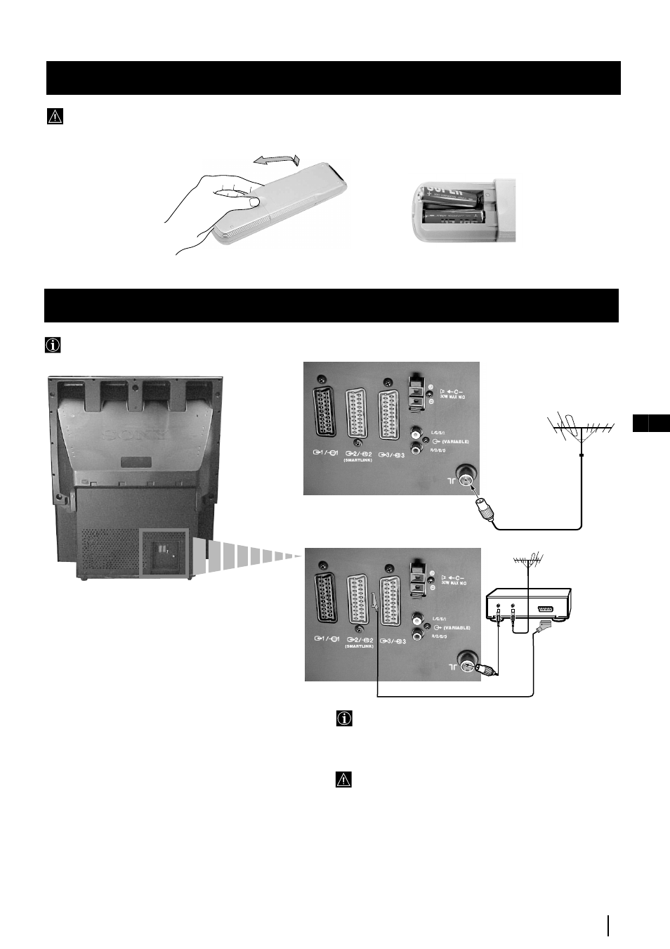 Insertion des piles dans la télécommande, Branchement de l'antenne et du magnétoscope | Sony KP-48PS2 User Manual | Page 40 / 233