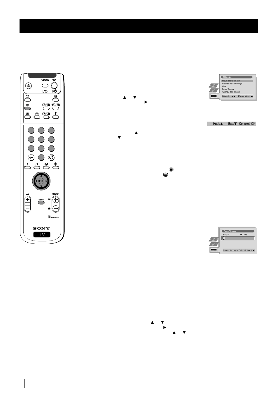 Utilisation du menu du télétexte, Haut / bas / complet, Attente de l'affichage | Voir, Page temps, Aperçu des pages, Télétexte | Sony KP-48PS2 User Manual | Page 59 / 233