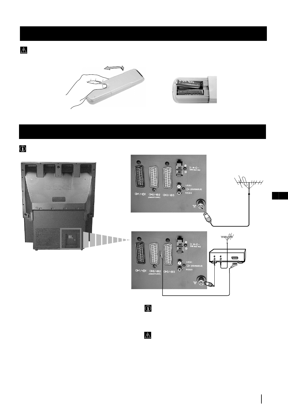 Einlegen von batterien in die fernbedienung, Anschluss der antenne und des videogerätes | Sony KP-48PS2 User Manual | Page 75 / 233