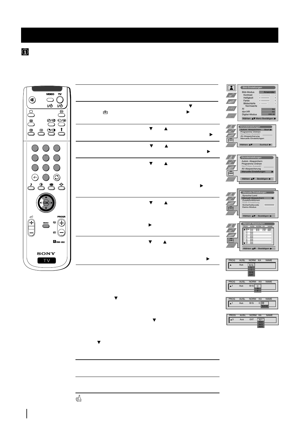 Manuelle abstimmung des fernsehgerätes, Menü- system | Sony KP-48PS2 User Manual | Page 84 / 233