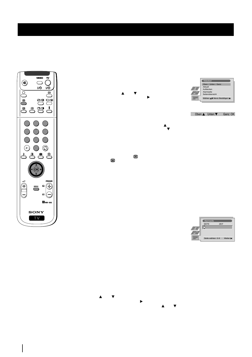 Verwenden des videotext- menüs, Oben / unten / ganz, Aktuell | Aufdecken, Alarmseite, Seitenübersicht, Videotext | Sony KP-48PS2 User Manual | Page 94 / 233