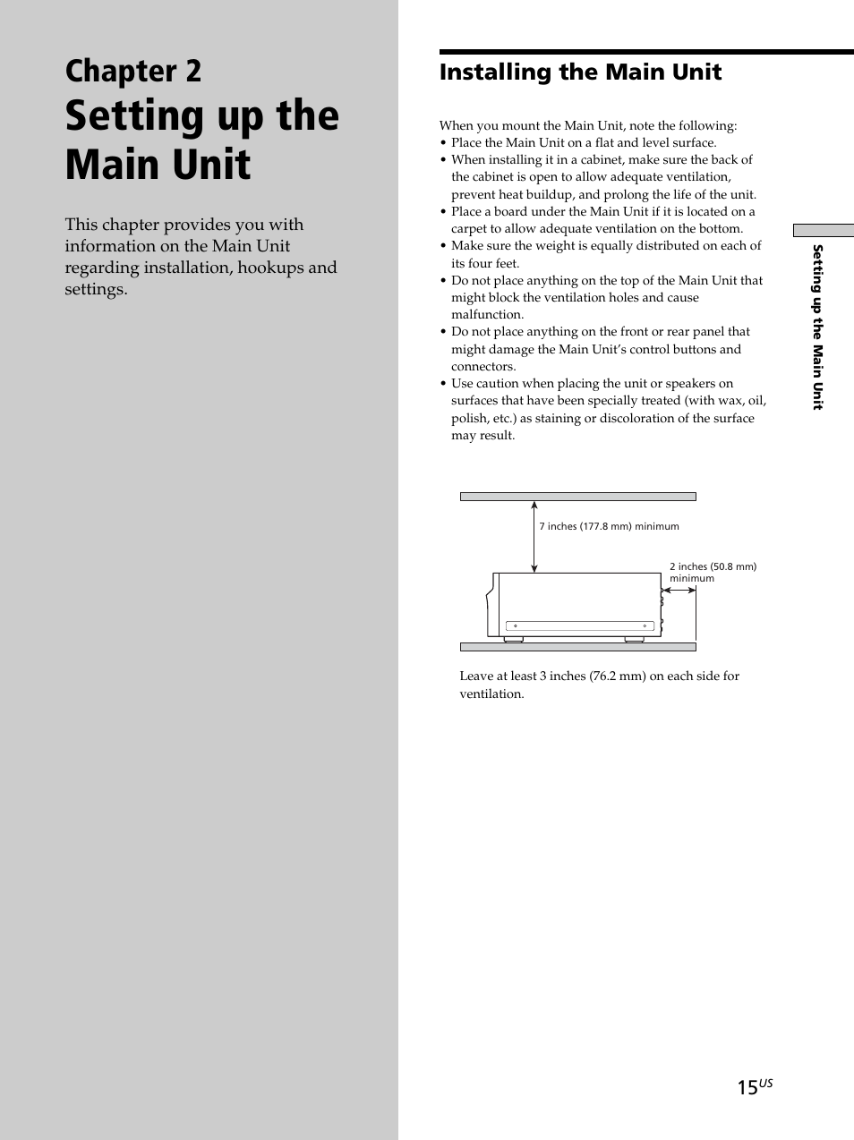 Chapter 2 setting up the main unit, Installing the main unit, Installing the main unit 15 | Setting up the main unit, Chapter 2 | Sony CAV-M1000ES User Manual | Page 15 / 44