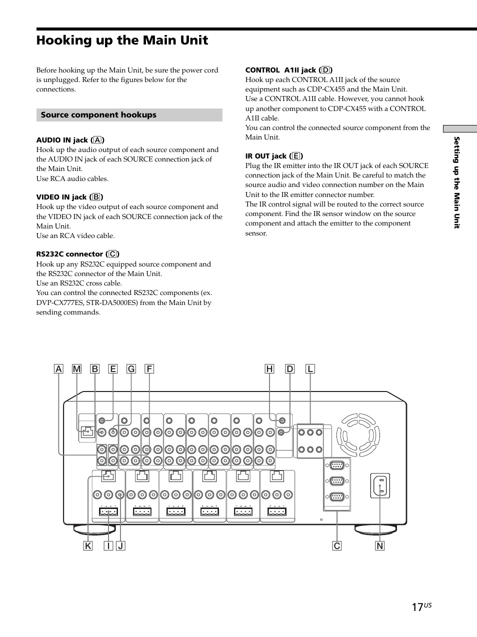 Hooking up the main unit, Hooking up the main unit 17, Source component hookups | Sony CAV-M1000ES User Manual | Page 17 / 44