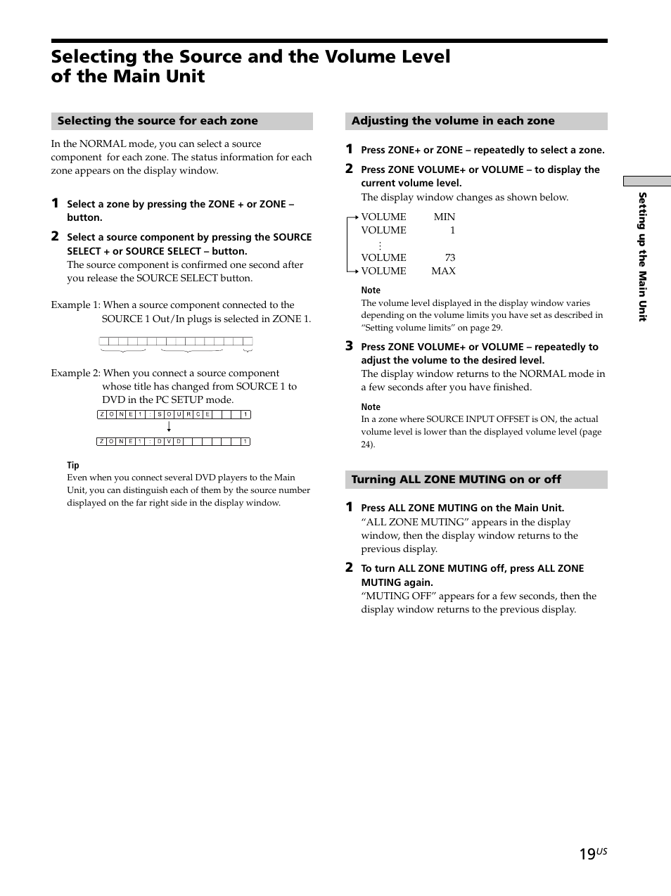 Selecting the source and the volume level, Of the main unit 19, Selecting the source for each zone | Adjusting the volume in each zone, Turning all zone muting on or off | Sony CAV-M1000ES User Manual | Page 19 / 44