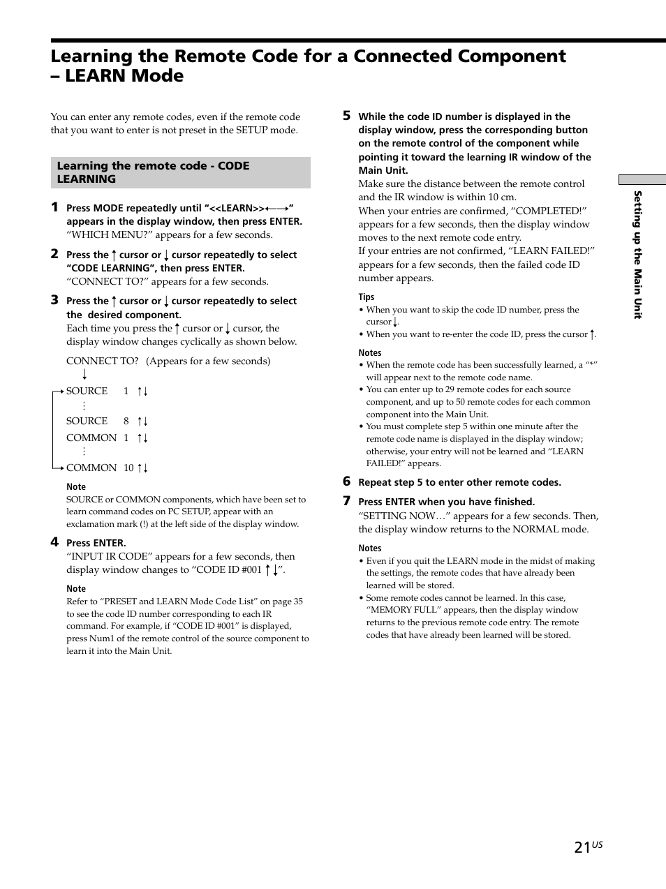 Learning the remote code for a connected, Component – learn mode 21 | Sony CAV-M1000ES User Manual | Page 21 / 44