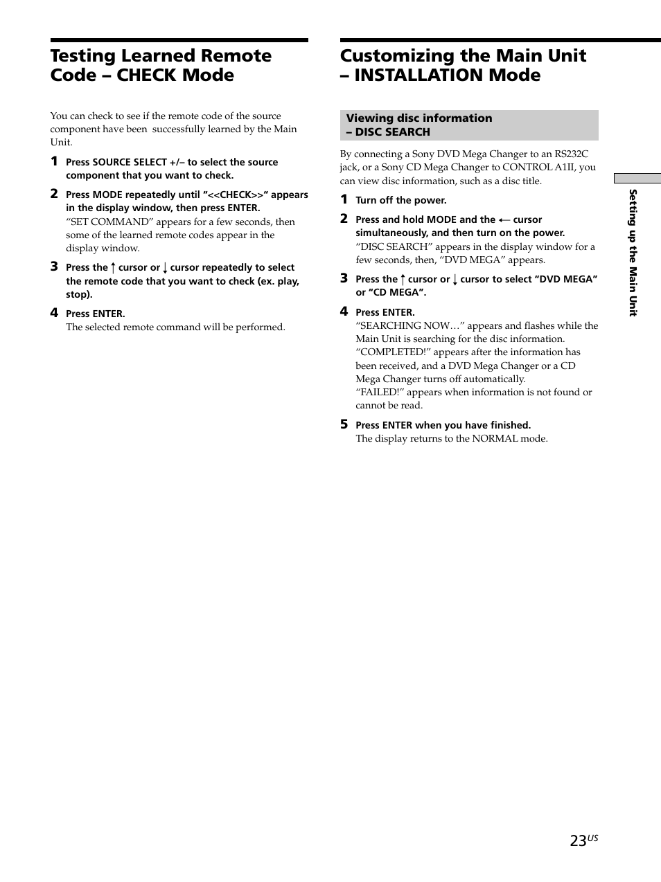 Testing learned remote code – check mode, Customizing the main unit – installation mode, Testing learned remote code – check mode 23 | Customizing the main unit, Installation mode 23 | Sony CAV-M1000ES User Manual | Page 23 / 44