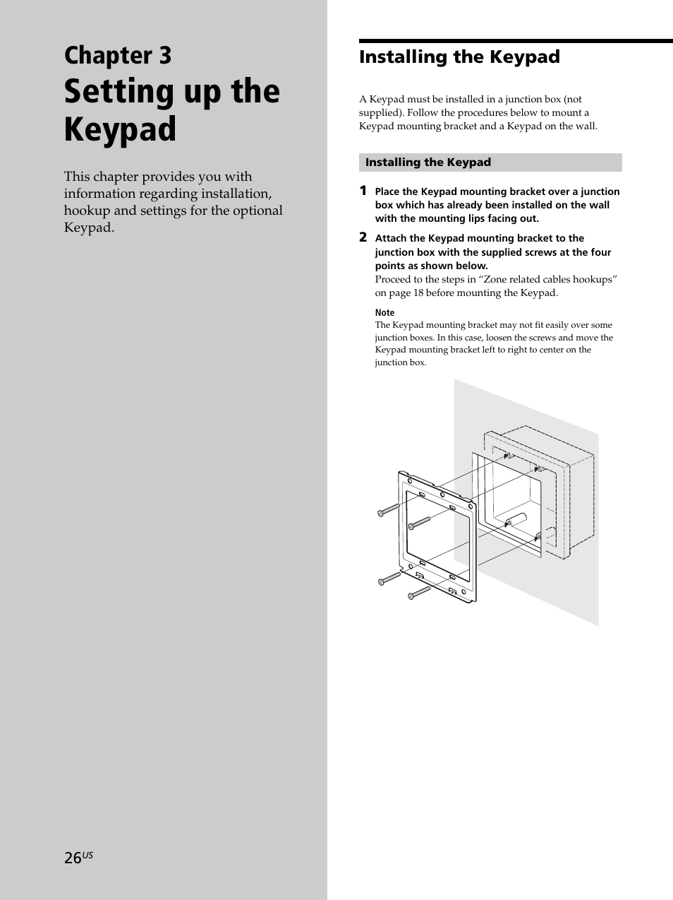 Chapter 3 setting up the keypad, Installing the keypad, Installing the keypad 26 | Setting up the keypad, Chapter 3 | Sony CAV-M1000ES User Manual | Page 26 / 44