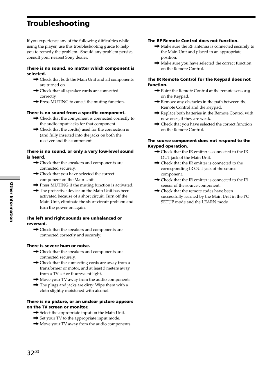 Troubleshooting, Troubleshooting 32 | Sony CAV-M1000ES User Manual | Page 32 / 44