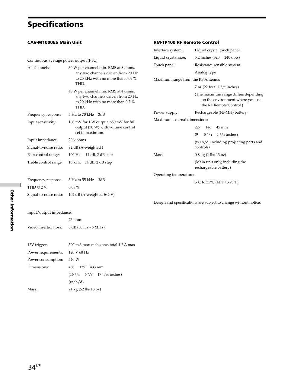 Specifications, Specifications 34 | Sony CAV-M1000ES User Manual | Page 34 / 44