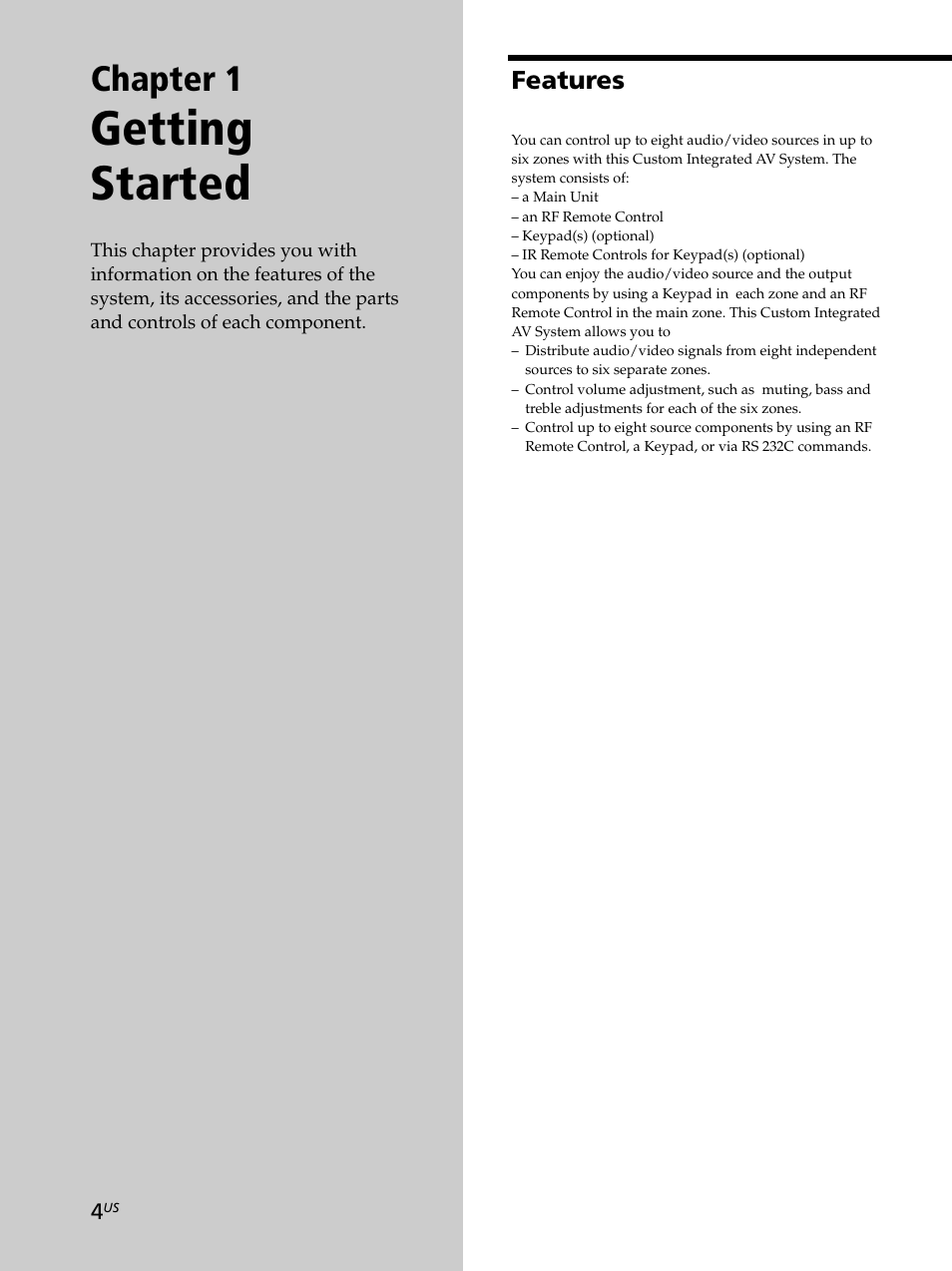 Chapter 1 getting started, Features, Features 4 | Getting started, Chapter 1 | Sony CAV-M1000ES User Manual | Page 4 / 44