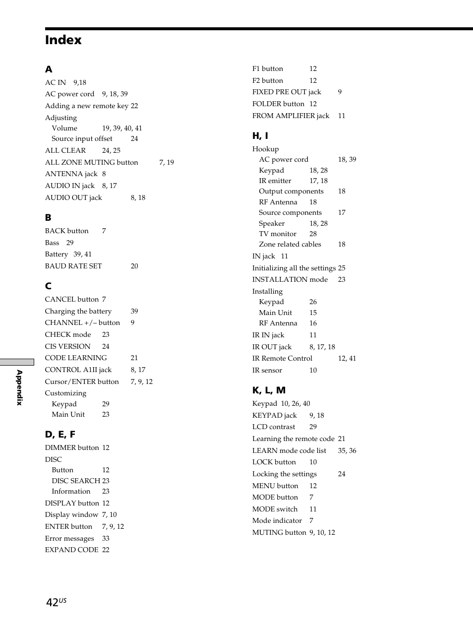 Index, Index 42, D, e, f | H, i, K, l, m | Sony CAV-M1000ES User Manual | Page 42 / 44