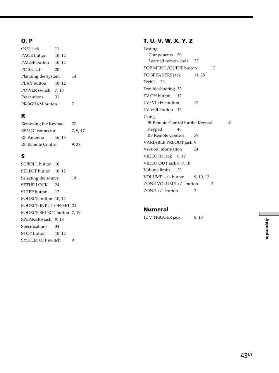 O, p, T, u, v, w, x, y, z, Numeral | Sony CAV-M1000ES User Manual | Page 43 / 44