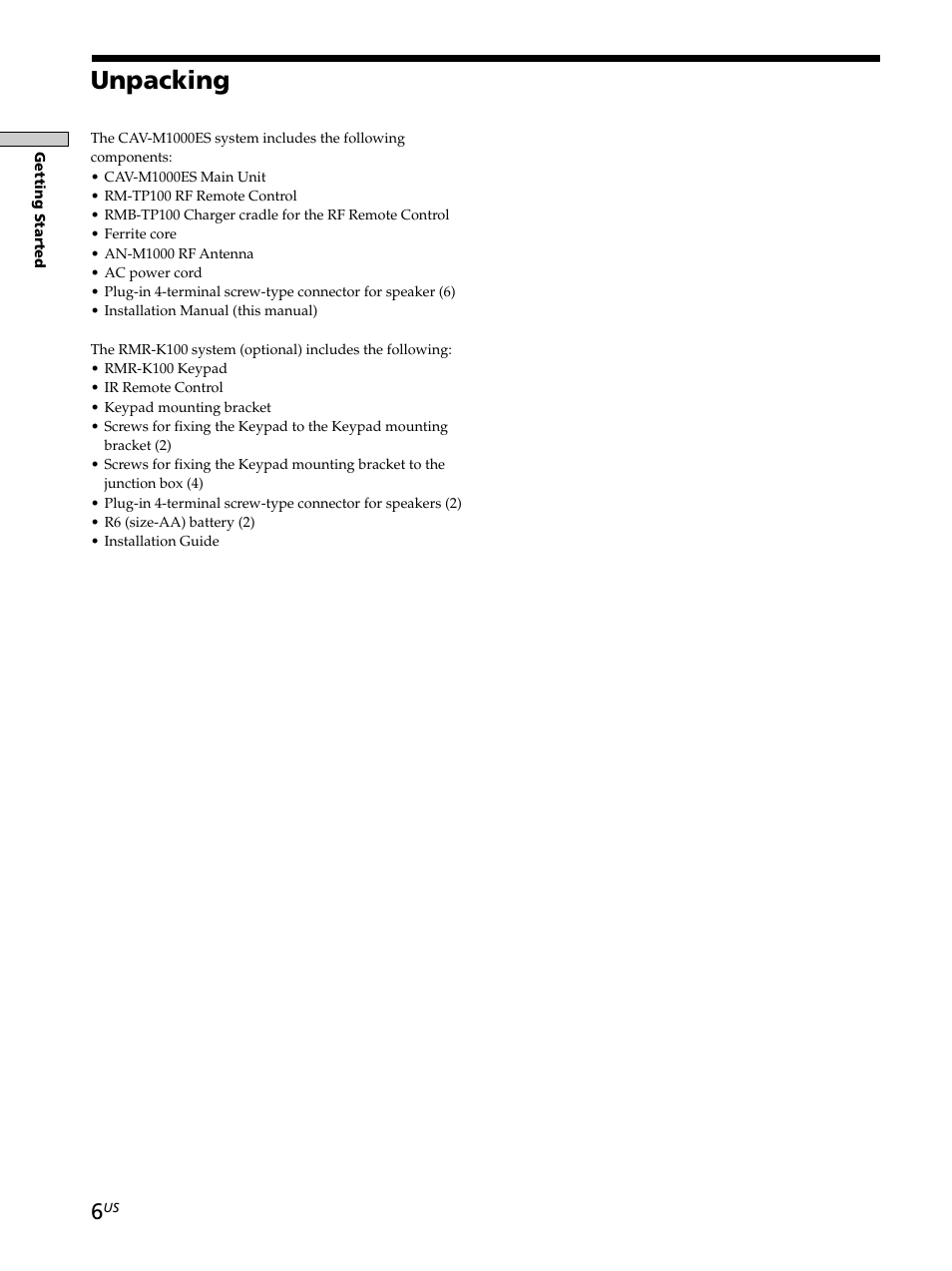 Unpacking, Unpacking 6 | Sony CAV-M1000ES User Manual | Page 6 / 44