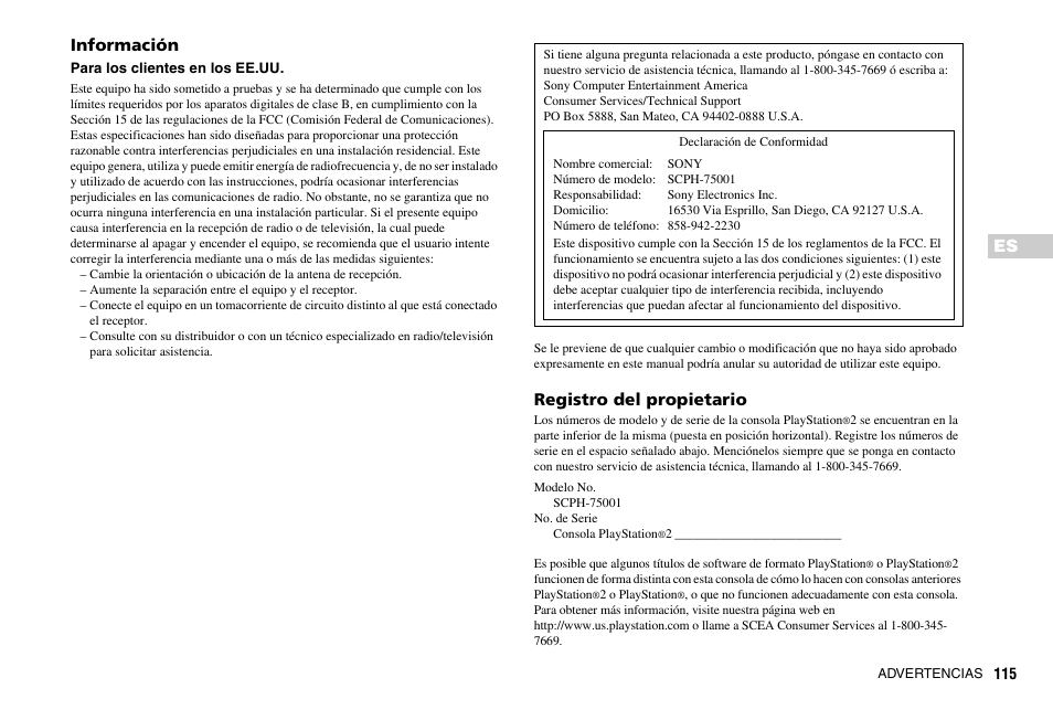 Es información, Registro del propietario | Sony SCPH-75001 User Manual | Page 115 / 172