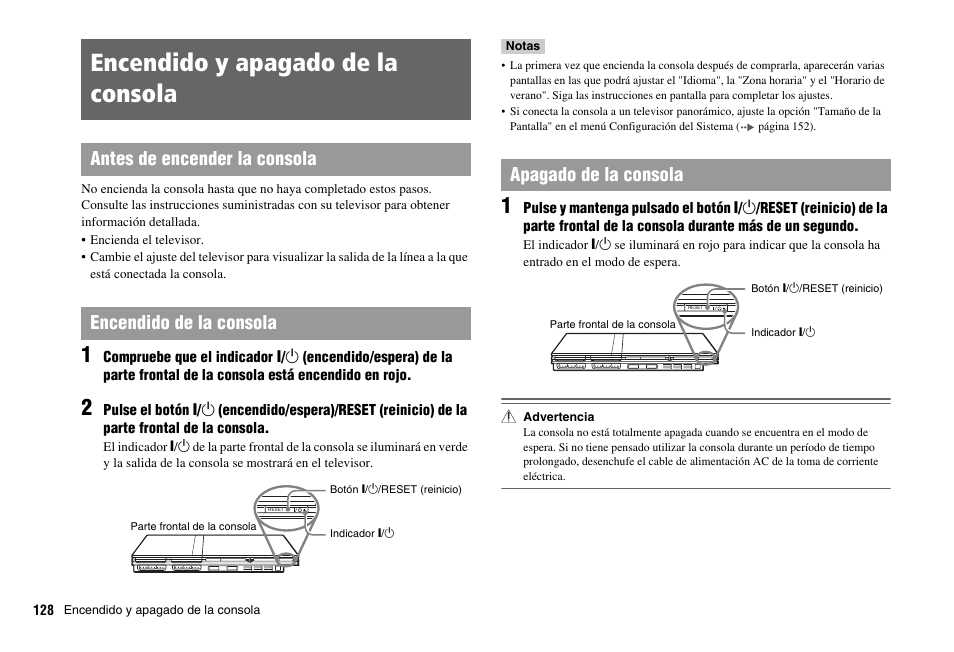 Encendido y apagado de la consola, Apagado de la consola | Sony SCPH-75001 User Manual | Page 128 / 172