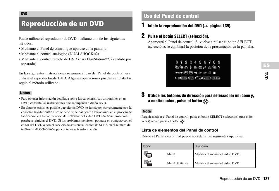 Reproducción de un dvd, Uso del panel de control | Sony SCPH-75001 User Manual | Page 137 / 172