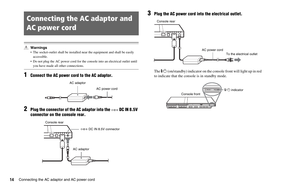 Connecting the ac adaptor and ac power cord | Sony SCPH-75001 User Manual | Page 14 / 172