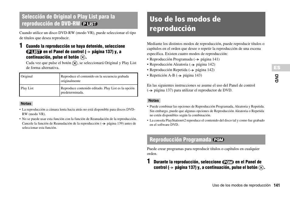 Uso de los modos de reproducción, Reproducción programada | Sony SCPH-75001 User Manual | Page 141 / 172