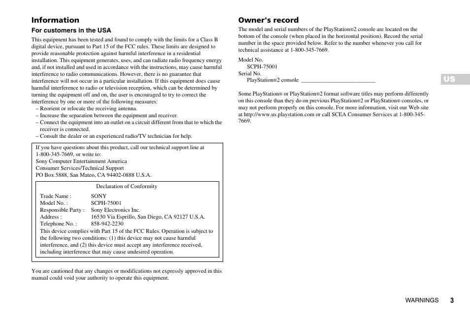 Us information, Owner's record | Sony SCPH-75001 User Manual | Page 3 / 172