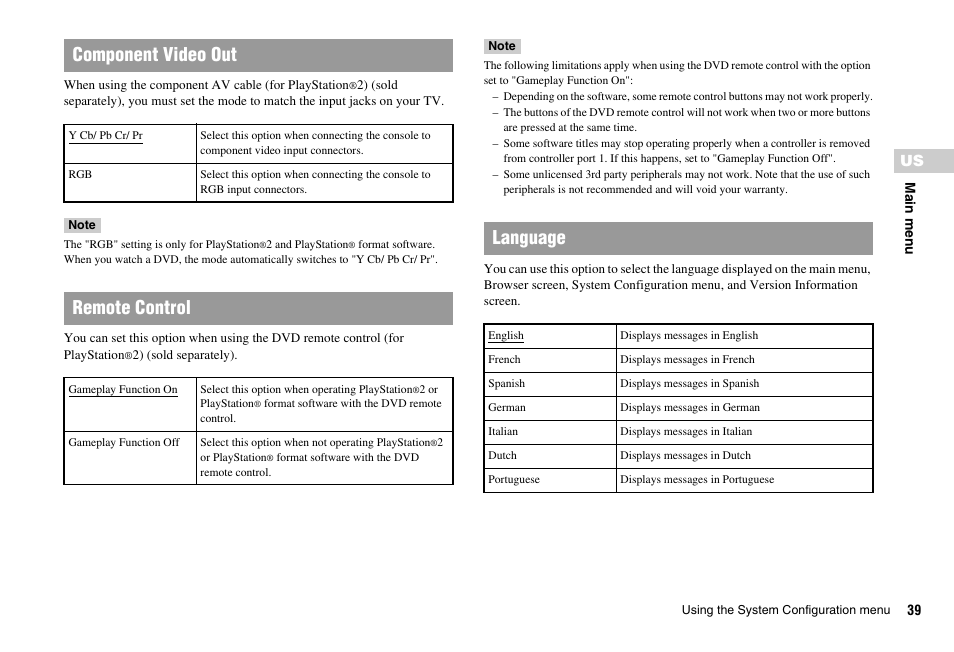 Component video out, Remote control, Language | Sony SCPH-75001 User Manual | Page 39 / 172