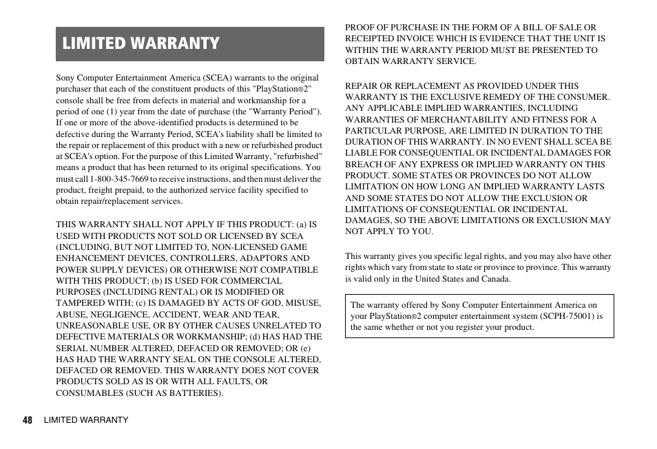 Limited warranty | Sony SCPH-75001 User Manual | Page 48 / 172