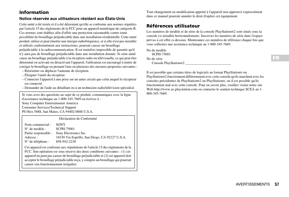 Fr information, Références utilisateur | Sony SCPH-75001 User Manual | Page 57 / 172