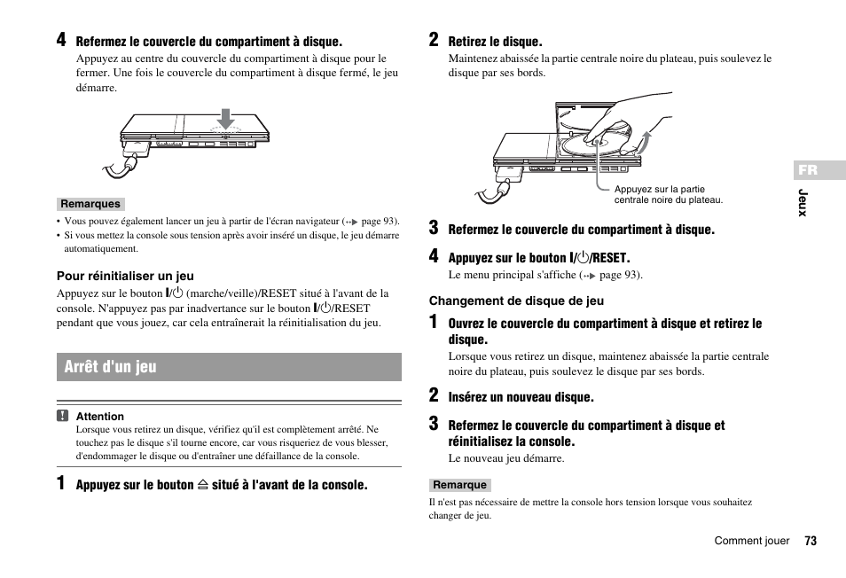 Arrêt d'un jeu | Sony SCPH-75001 User Manual | Page 73 / 172