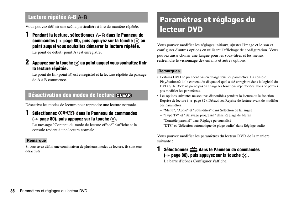 Paramètres et réglages du lecteur dvd | Sony SCPH-75001 User Manual | Page 86 / 172