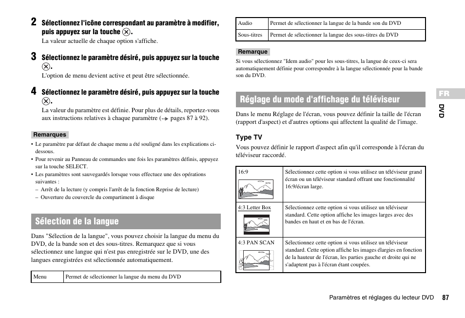 Sélection de la langue, Réglage du mode d'affichage du téléviseur | Sony SCPH-75001 User Manual | Page 87 / 172