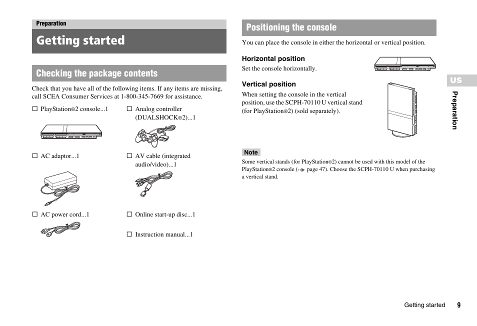 Preparation, Getting started, Checking the package contents | Positioning the console | Sony SCPH-75001 User Manual | Page 9 / 172