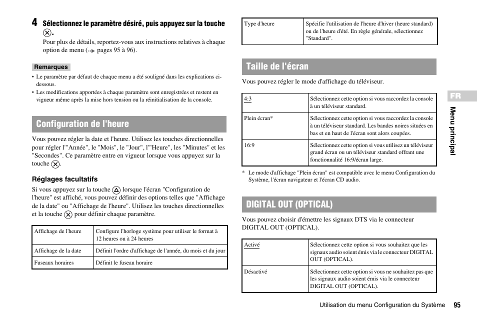 Configuration de l'heure, Taille de l'écran, Digital out (optical) | Sony SCPH-75001 User Manual | Page 95 / 172